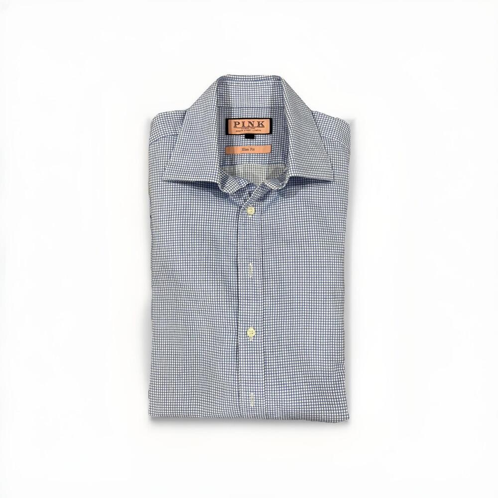 THOMAS PINK MENS DRESS SHIRT 16/41 MEDIUM BLUE GINGHAM SLIM FIT FRENCH CUFF VGC!
